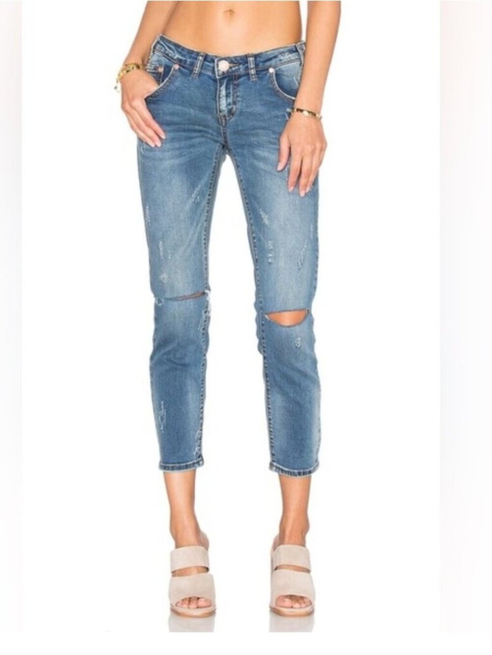 Revolve OTS womens Jeans Crop Blue indigo straight leg festival western grunge